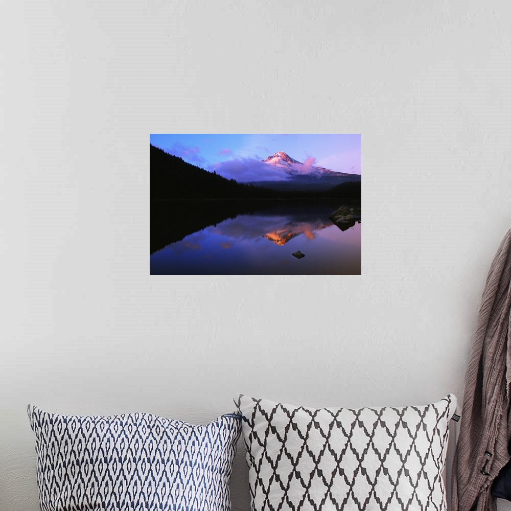 A bohemian room featuring Foggy Mount Hood reflected in mountain lake, Oregon, united states,