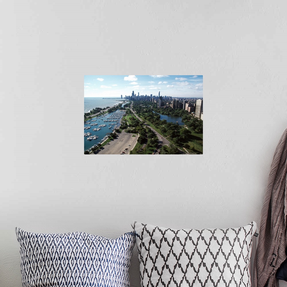 A bohemian room featuring High angle view of a city, Lincoln Park, Lake Michigan, Chicago, Cook County, Illinois, USA