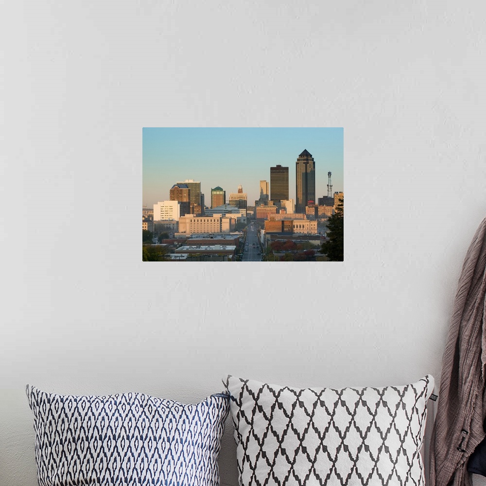 A bohemian room featuring High angle view of buildings in a city, Locust Street, Des Moines, Iowa