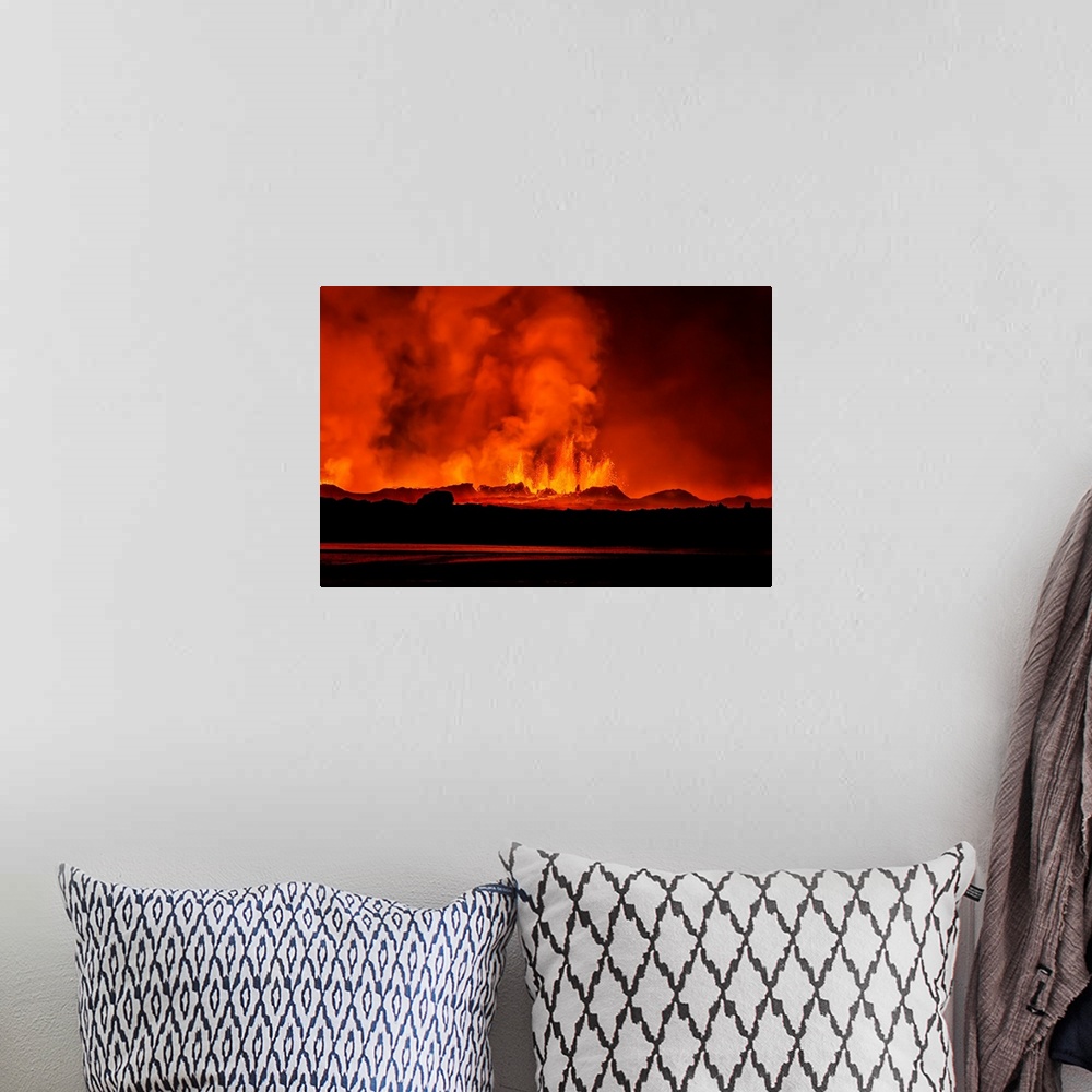 A bohemian room featuring Lava fountains at night, eruption at the Holuhraun Fissure, near the Bardarbunga Volcano, Iceland