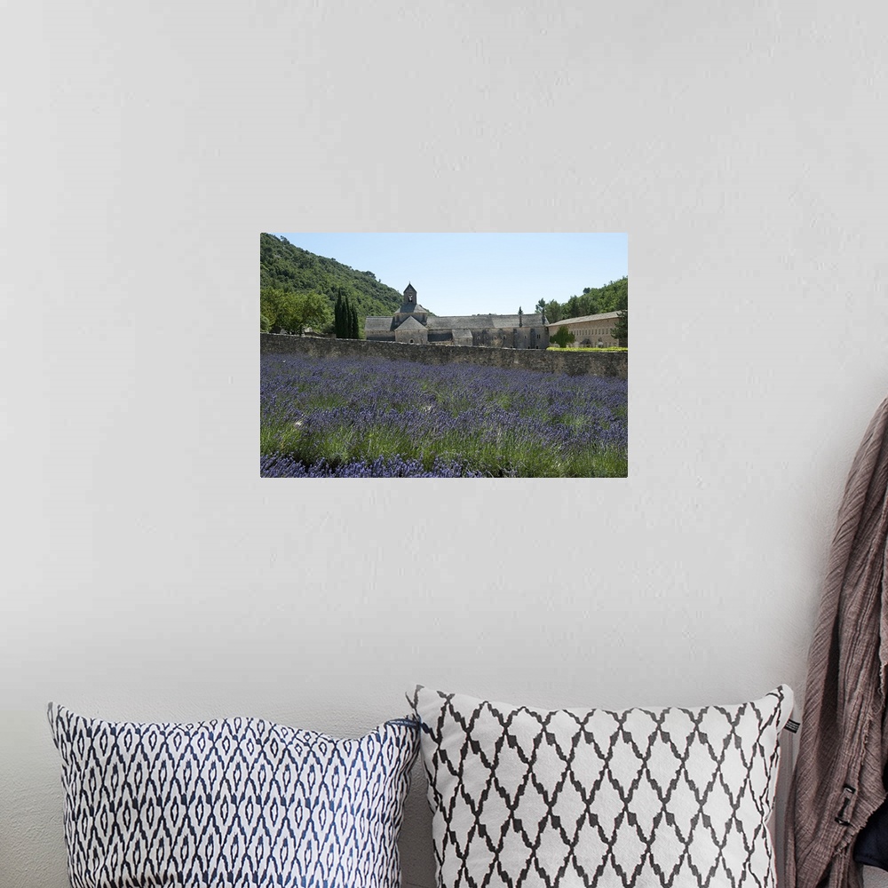 A bohemian room featuring Lavender field in front of a monastery, Abbaye de Senanque