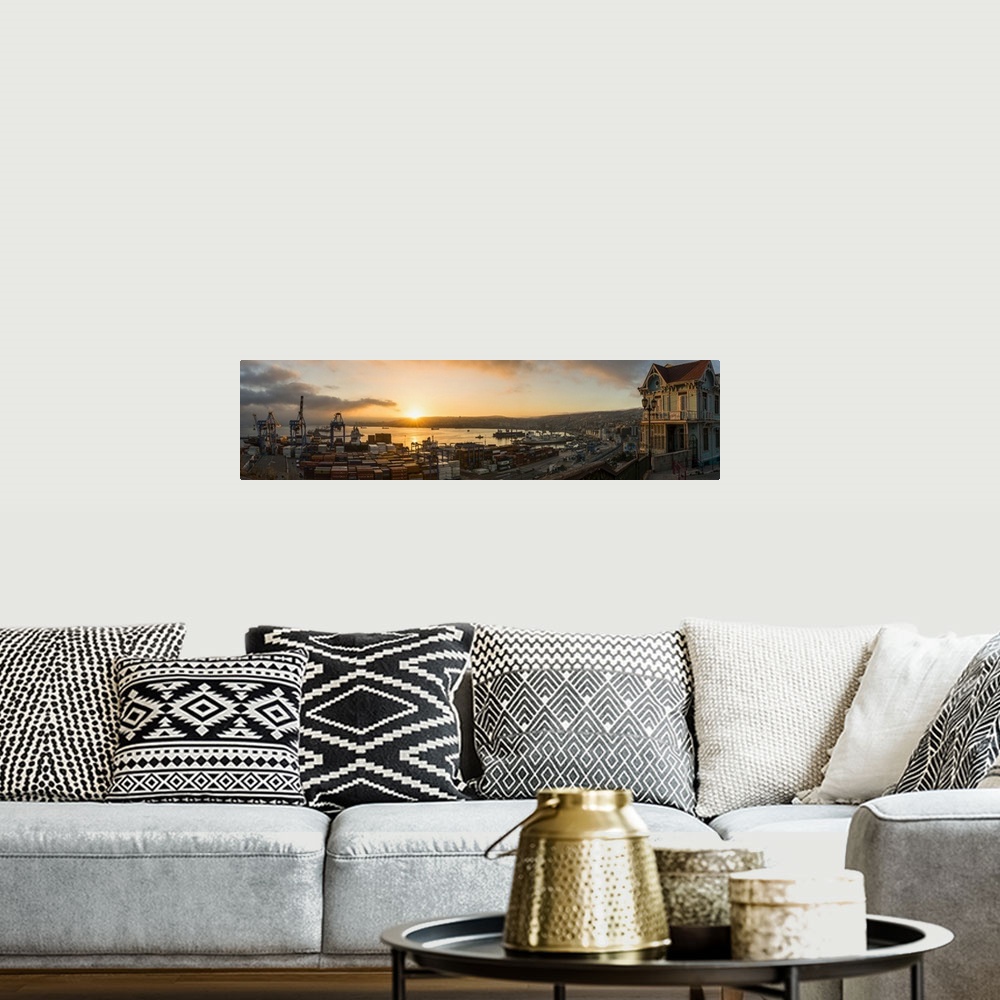 A bohemian room featuring View of city and ports at dawn from Paseo 21 de Mayo, Playa Ancha, Valparaiso, Central Coast, Chile.