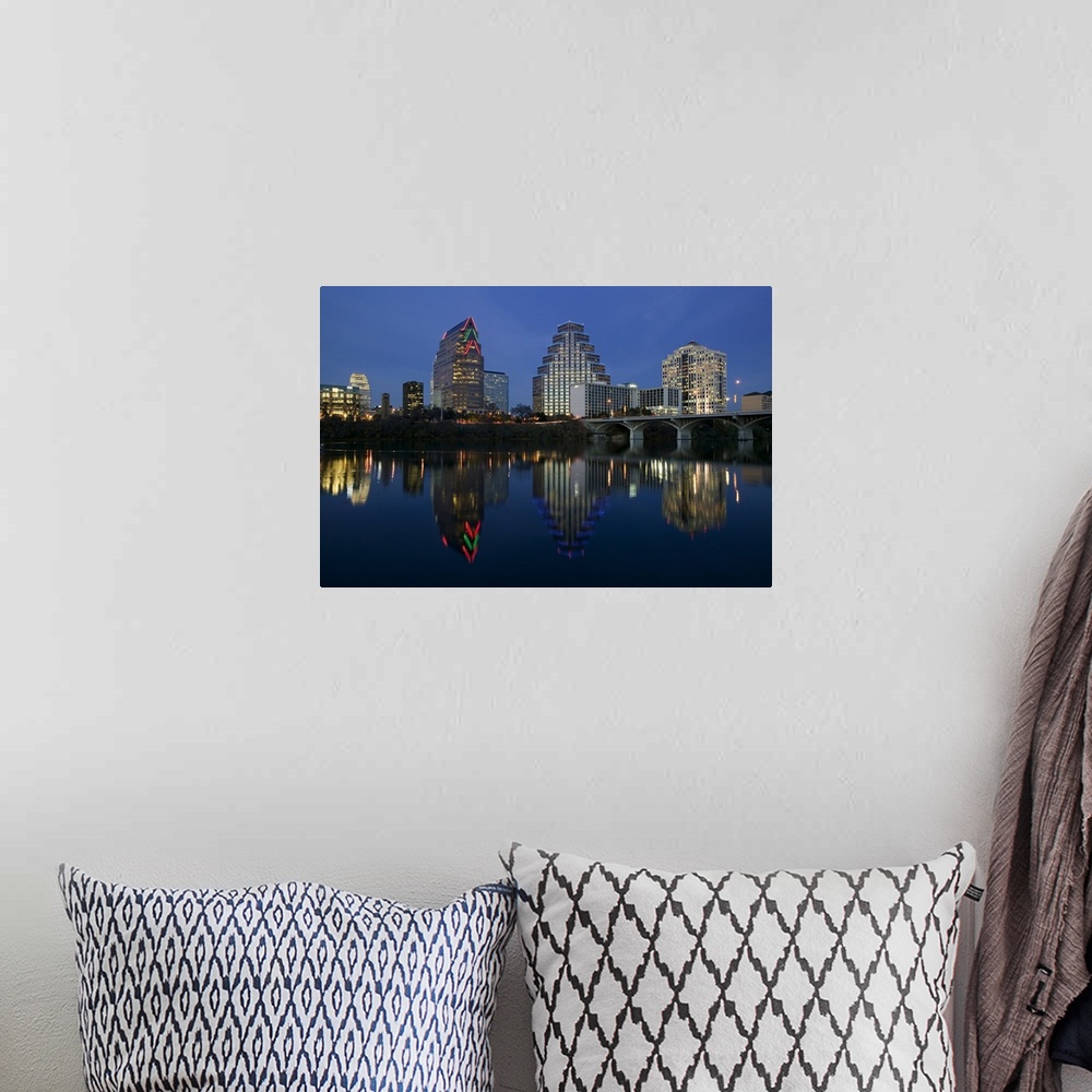 A bohemian room featuring Reflection of buildings in water, Town Lake, Austin, Texas