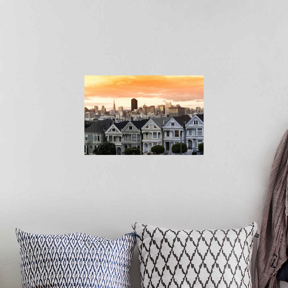 A bohemian room featuring Row of Victorian houses in a city viewed from Alamo Square, San Francisco, California