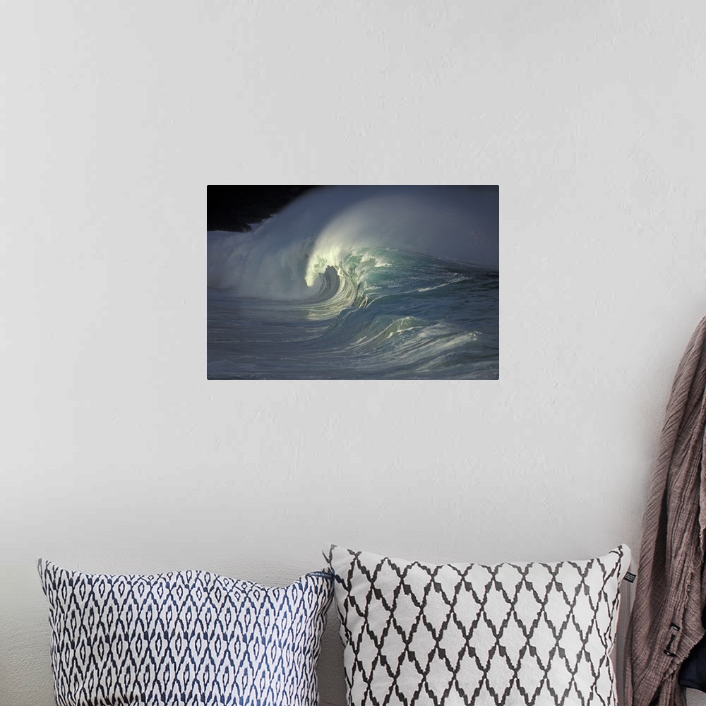 A bohemian room featuring Photograph of a wave curling and crashing as it nears shore with sea mist spraying behind it.