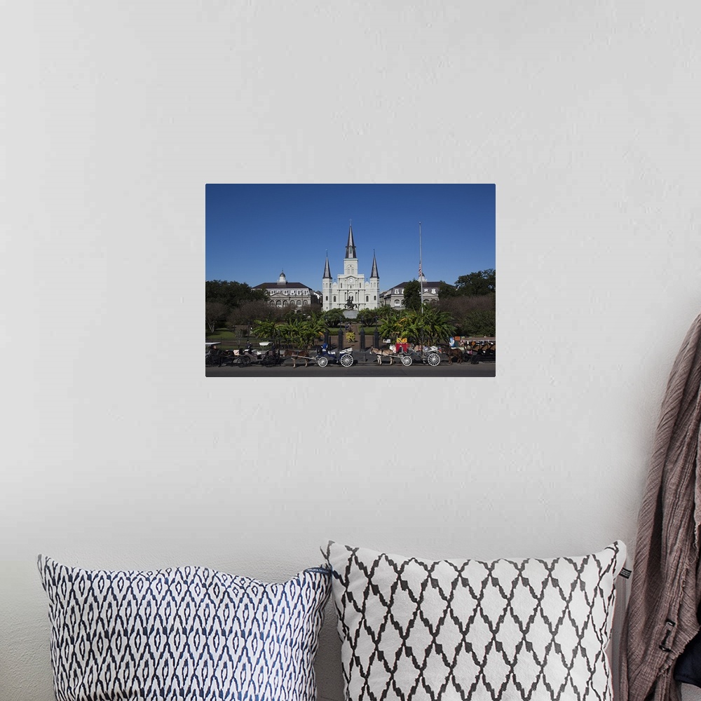A bohemian room featuring Several mule-drawn carriages in front of the St. Louis Cathedral in New Orleans, Louisiana.