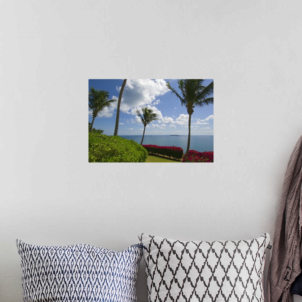 A bohemian room featuring Wall art of palm trees and colored shrubs lining the ocean.