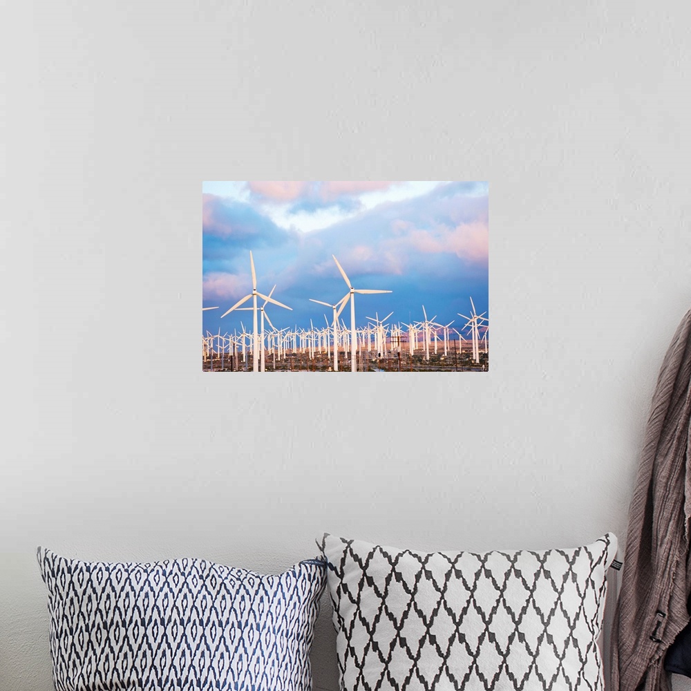 A bohemian room featuring Wind turbines under the cloudy sky, Palm Springs, Riverside County, California