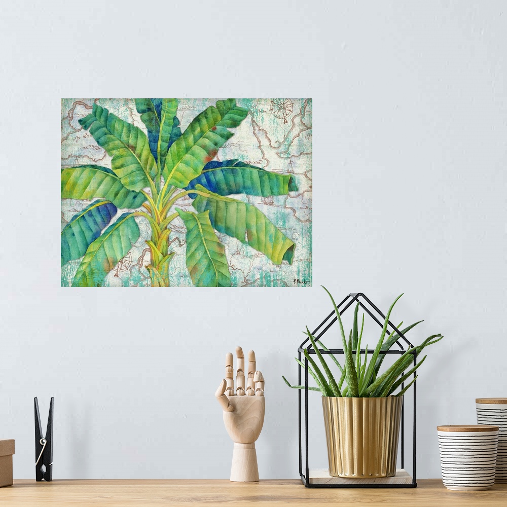 A bohemian room featuring Tropical decor with a painted palm tree in green and blue tones on an illustrated map background.