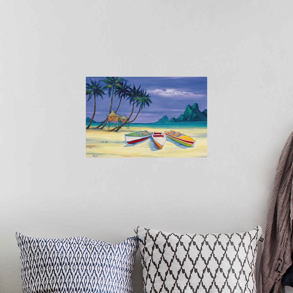 A bohemian room featuring Contemporary painting of boats and beach huts on a beach with several palm trees.