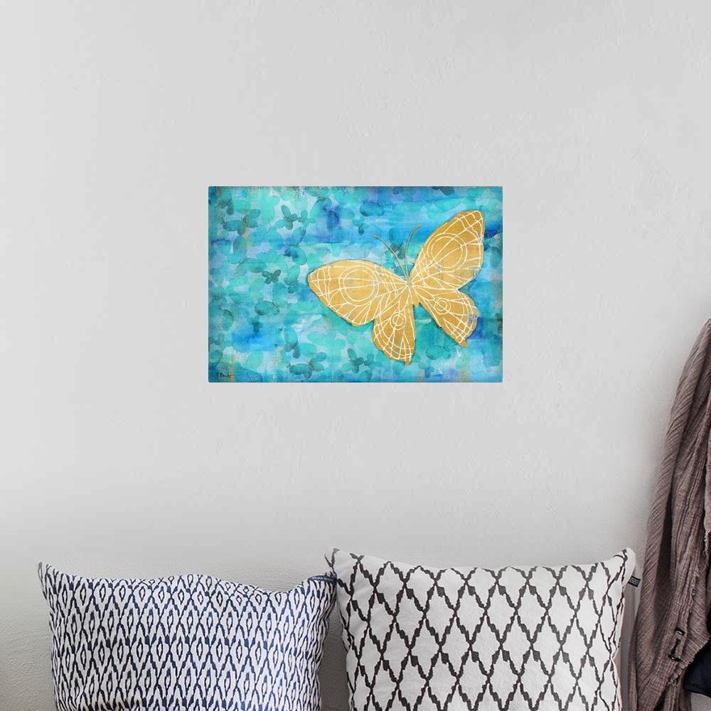 A bohemian room featuring Metallic gold butterfly on a blue background covered in smaller silhouetted butterflies.