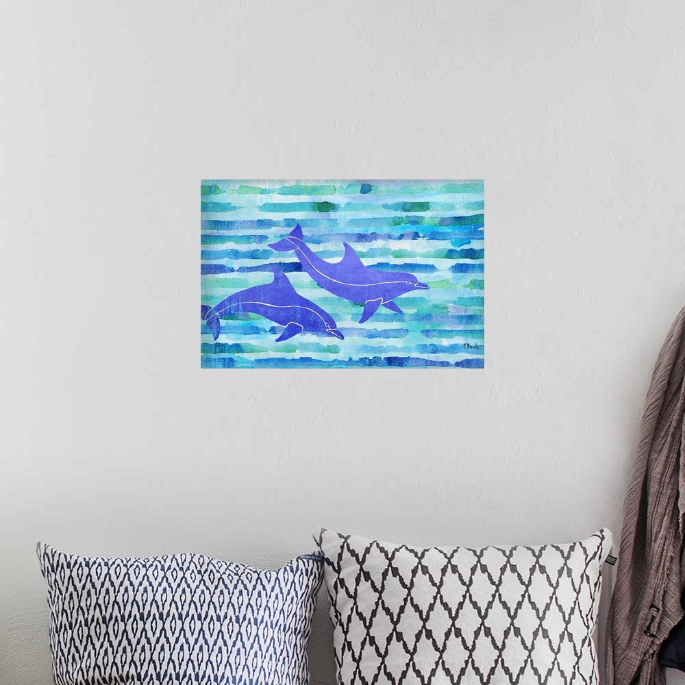 A bohemian room featuring Two dolphins swimming on a striped watercolor background made with shades of blue and green.