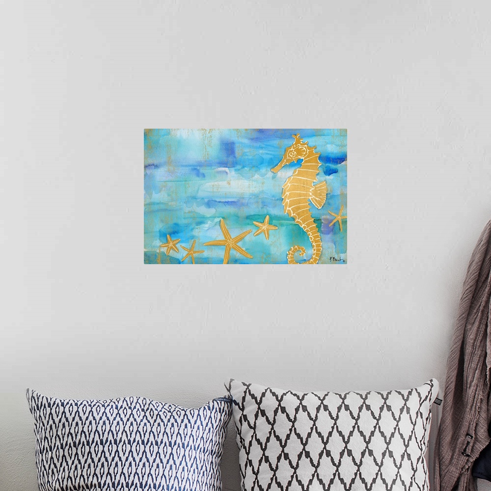 A bohemian room featuring Metallic gold seahorse and starfish on a blue and green watercolor background.