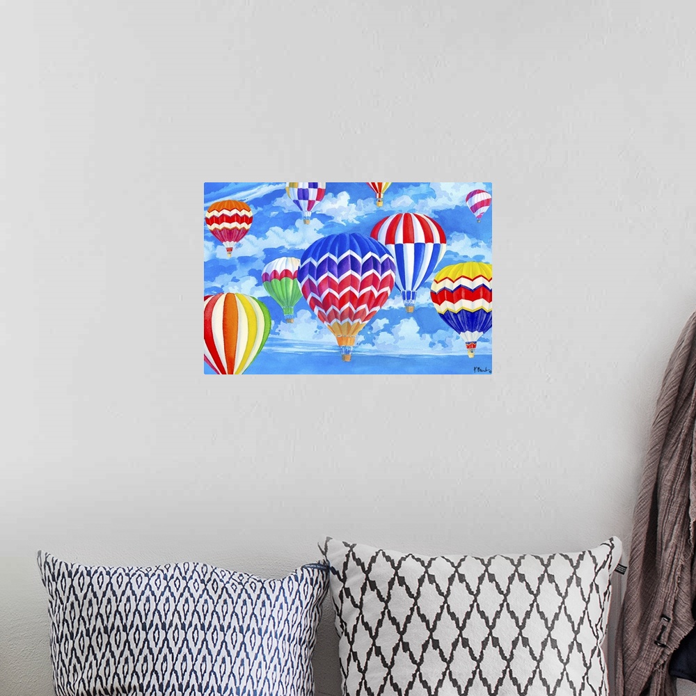 A bohemian room featuring Painting of a sky filled with hot air balloons with rainbow patterns.