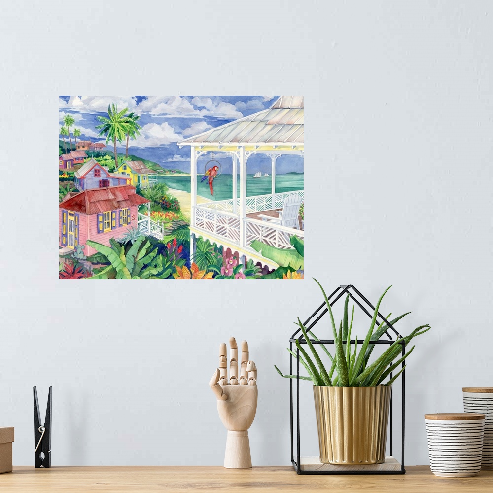 A bohemian room featuring Watercolor painting of a Caribbean resort town.