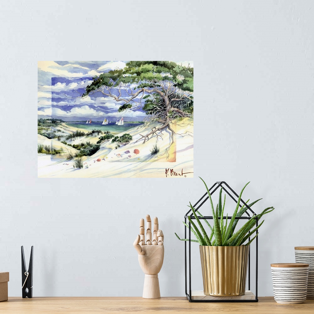 A bohemian room featuring Watercolor painting of a seaside landscape with a sandy beach and a large tree reaching over the ...
