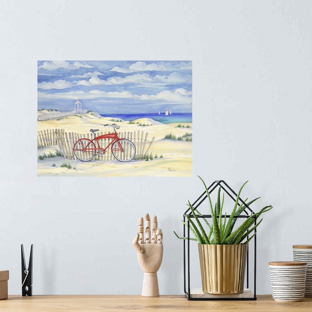 A bohemian room featuring Watercolor painting of a bicycle leaning against a fence on a sandy beach.