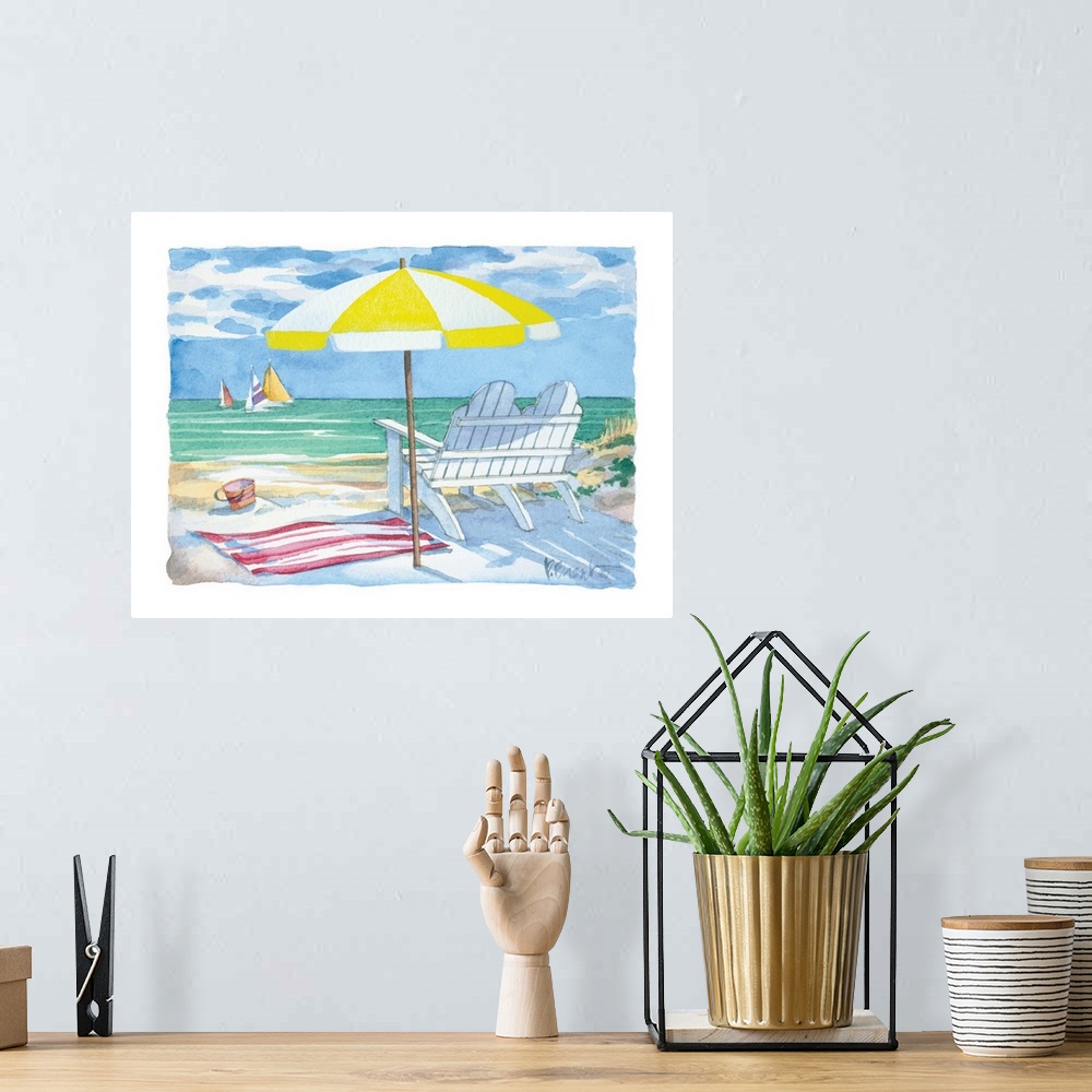 A bohemian room featuring Watercolor beach scene with a sun umbrella and a double adirondack chair, overlooking the coast.