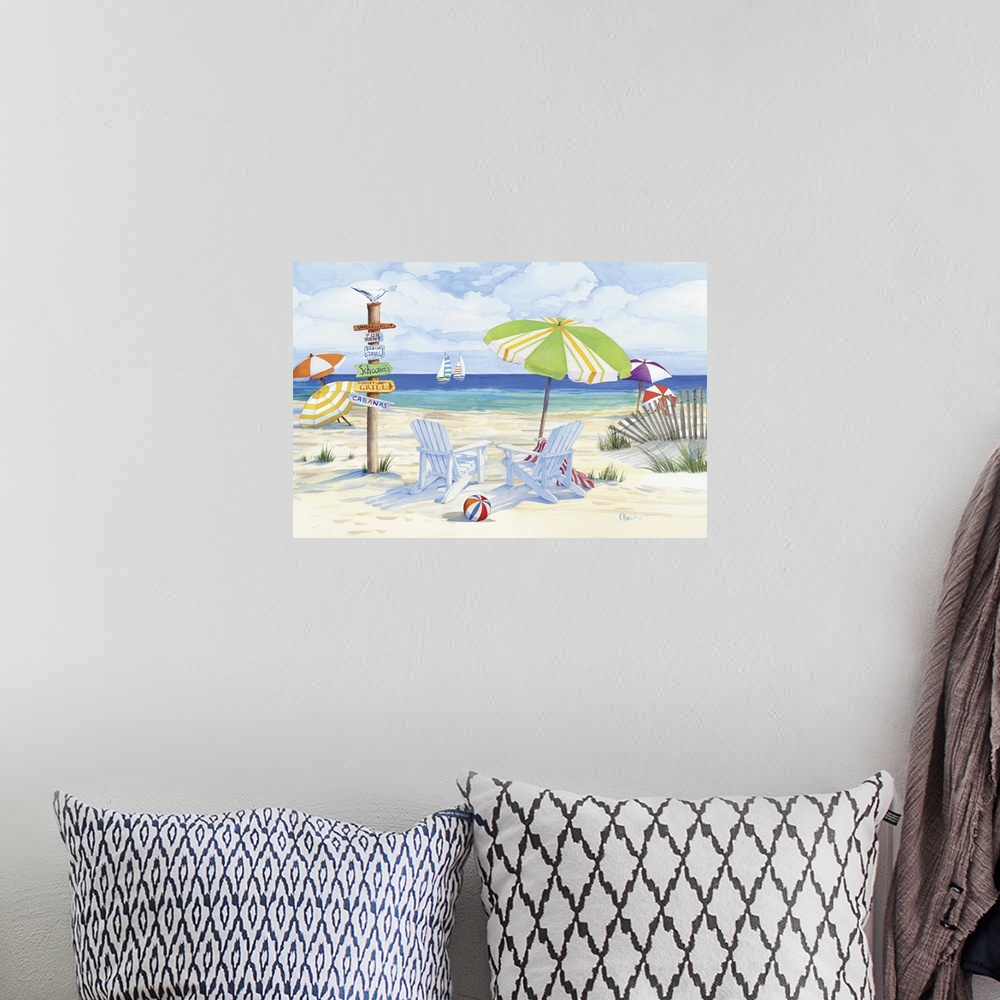 A bohemian room featuring Watercolor painting of a pair of adirondack chairs on a sandy beach with a signpost.