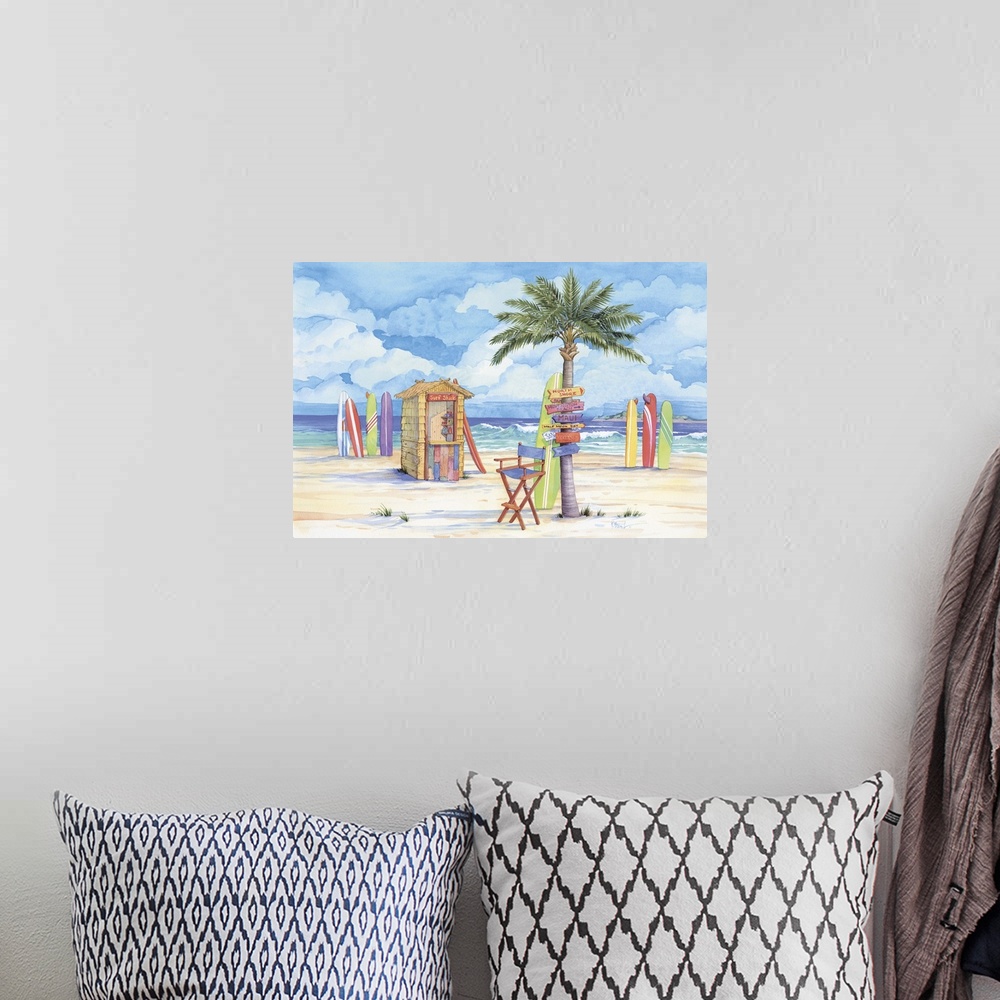A bohemian room featuring Contemporary painting of a beach scene with many surfboards and a palm tree full of signs.