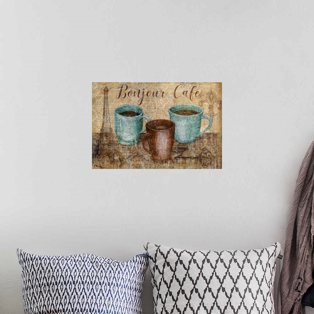 A bohemian room featuring Decorative artwork of three mugs of coffee with French themed designs.