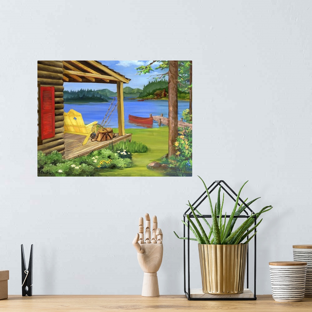 A bohemian room featuring Contemporary painting of a cabin with a chair on the porch and a canoe at the dock.
