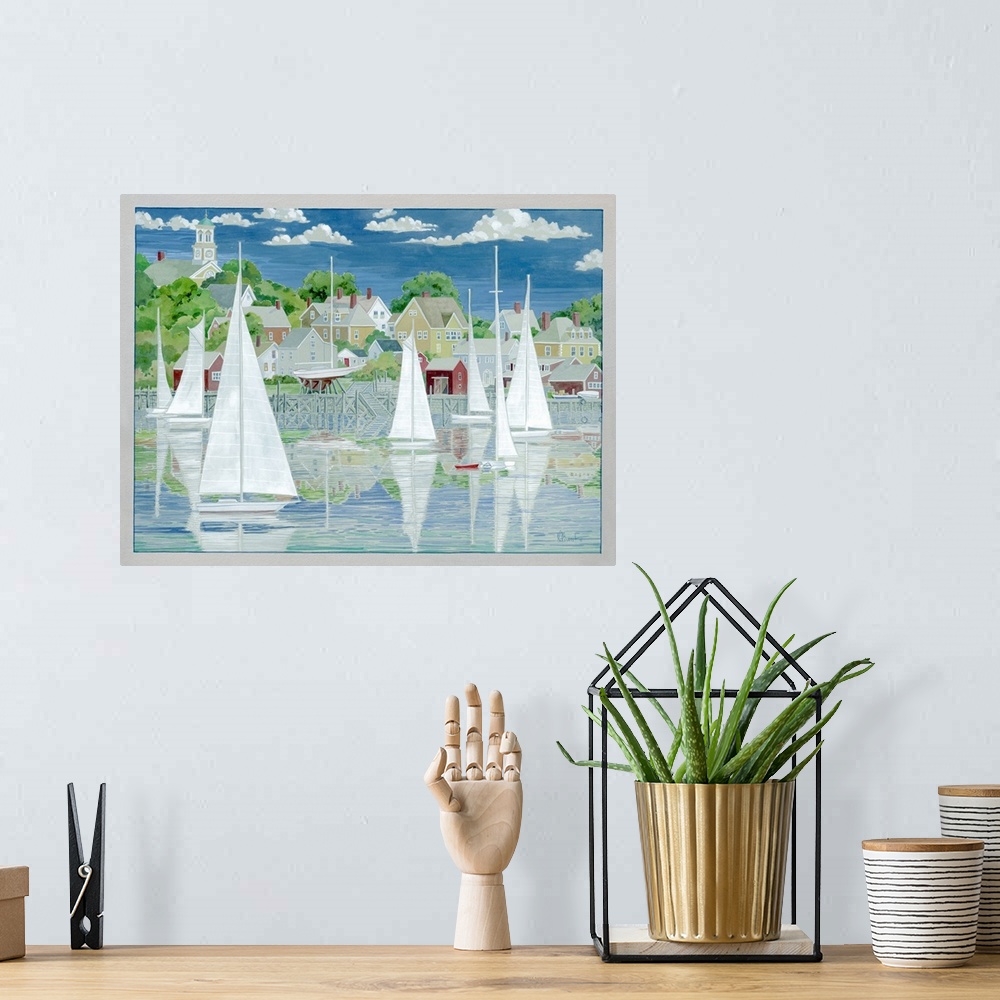 A bohemian room featuring Contemporary painting of several sailboats reflected on the water by coastal houses.