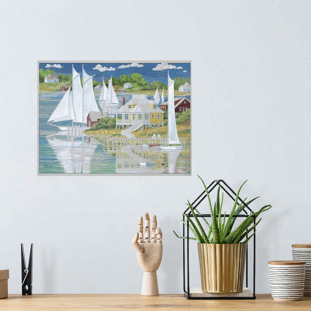 A bohemian room featuring Contemporary painting of several sailboats reflected on the water by coastal houses.