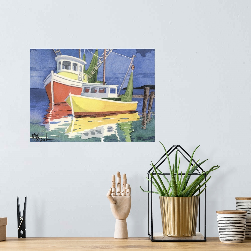 A bohemian room featuring Contemporary painting of two colorful fishing boats at a dock.