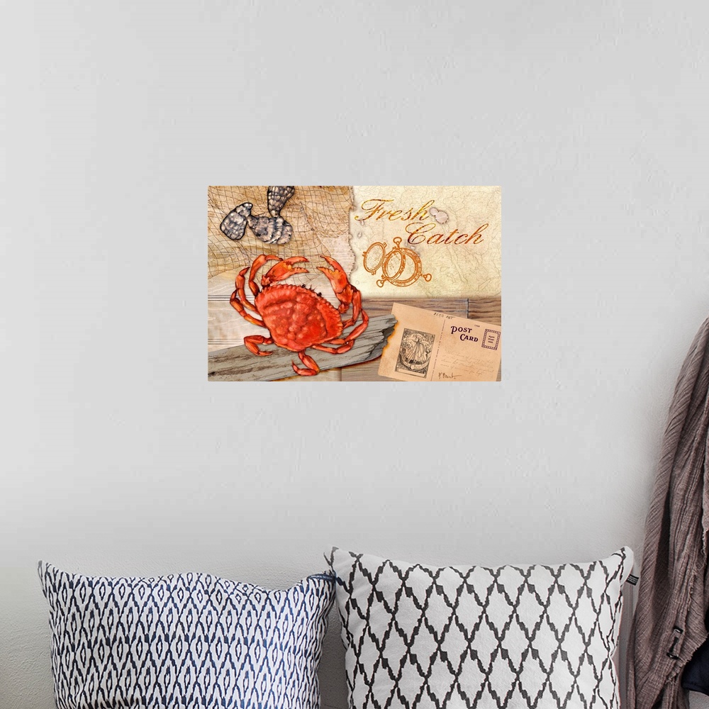 A bohemian room featuring A collection of marine elements on a faux driftwood background, including a crab, shells, and the...