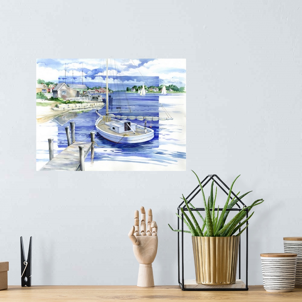 A bohemian room featuring Watercolor painting of a harbor with boats, a wooden pier, and coastal homes.