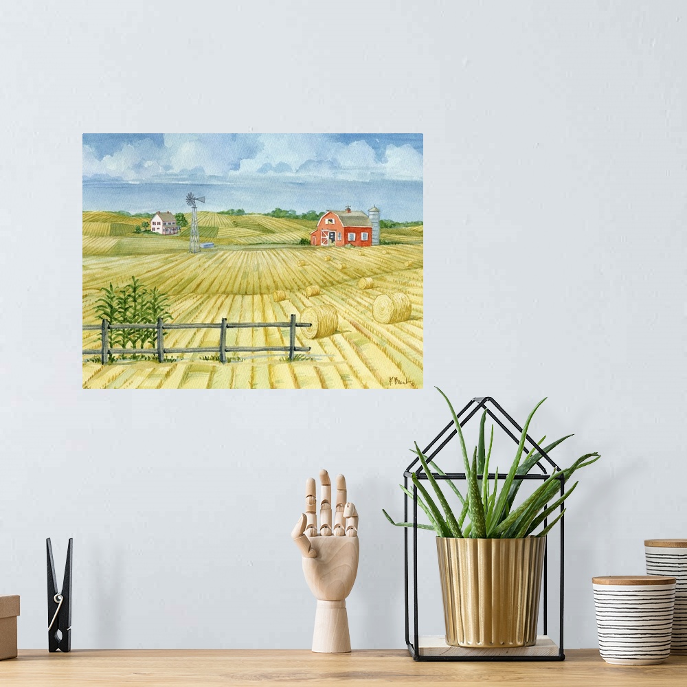 A bohemian room featuring Watercolor landscape of a barn in a field with hay bales in the countryside.