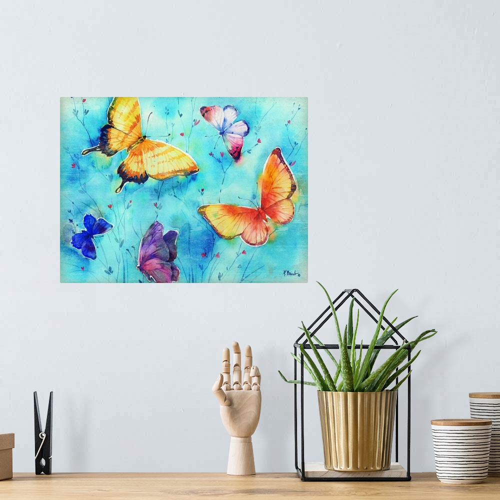 A bohemian room featuring Large watercolor painting of different colored butterflies on a light blue background with small ...