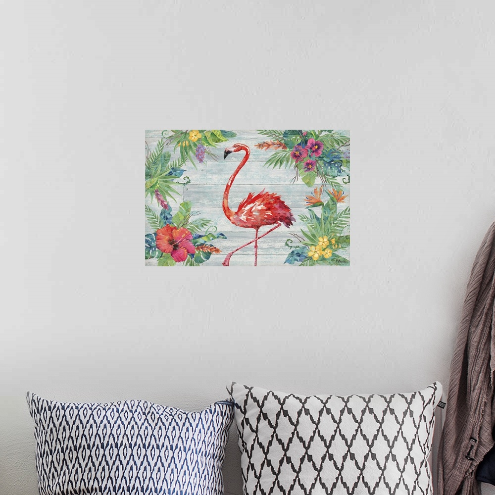 A bohemian room featuring Tropical decor with a painted pink flamingo in the center of a faux wood background surrounded by...