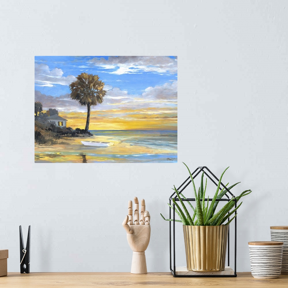 A bohemian room featuring Contemporary painting of a beach scene with a lone palm tree at sunset.