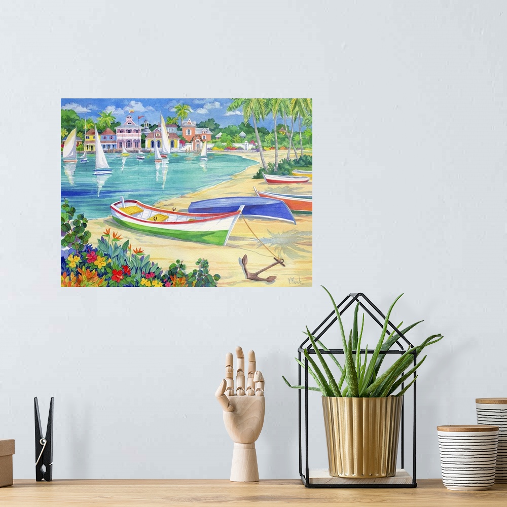 A bohemian room featuring Painting of several boats on the beach in a tropical harbor.