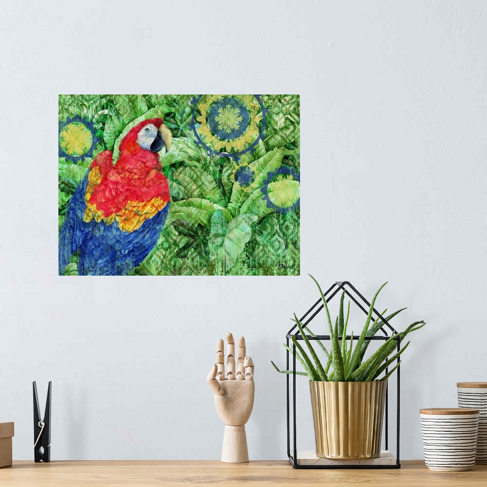 A bohemian room featuring Painting of a scarlet macaw on a batik background decorated with palm leaves.