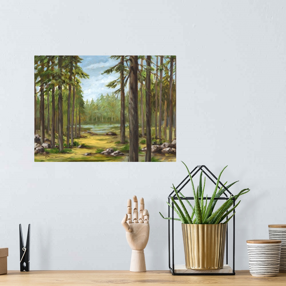 A bohemian room featuring Contemporary landscape painting of a forest with tall pine trees and a river.