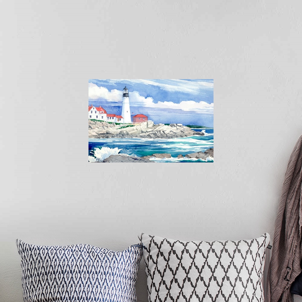 A bohemian room featuring Watercolor painting of the Portland Head Light in Maine, on the rocky coast.