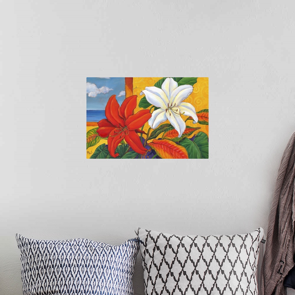 A bohemian room featuring Still life painting of an arrangement of lilies and leaves.
