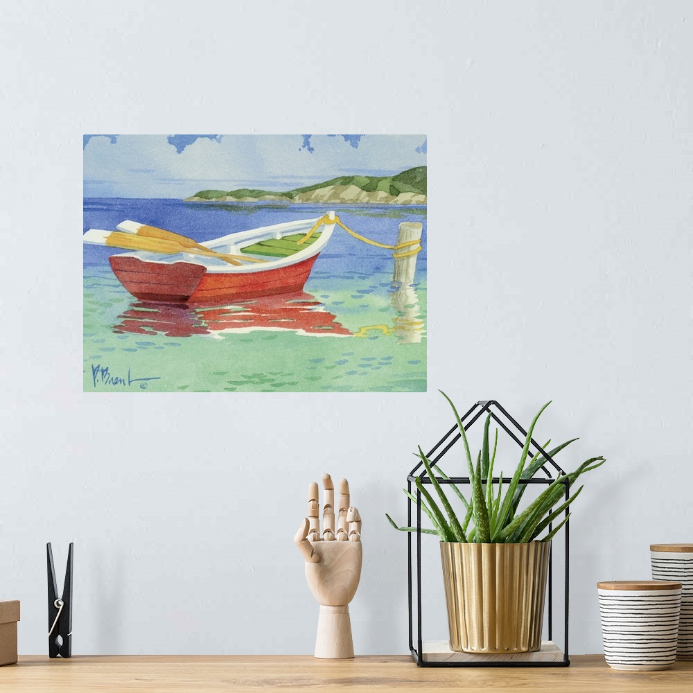 A bohemian room featuring Contemporary painting of a single red rowboat tied to a post in the water.