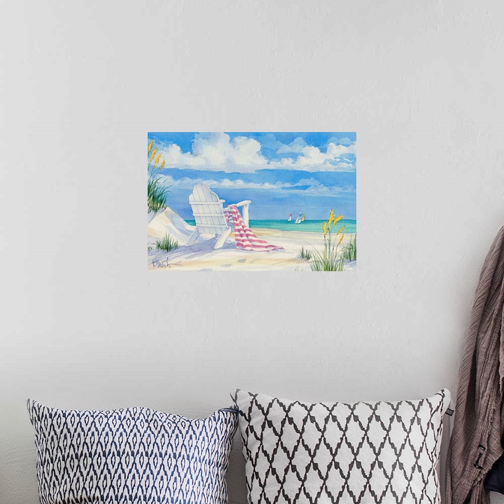 A bohemian room featuring Painting of an adirondack chair with a towel on a sandy beach.