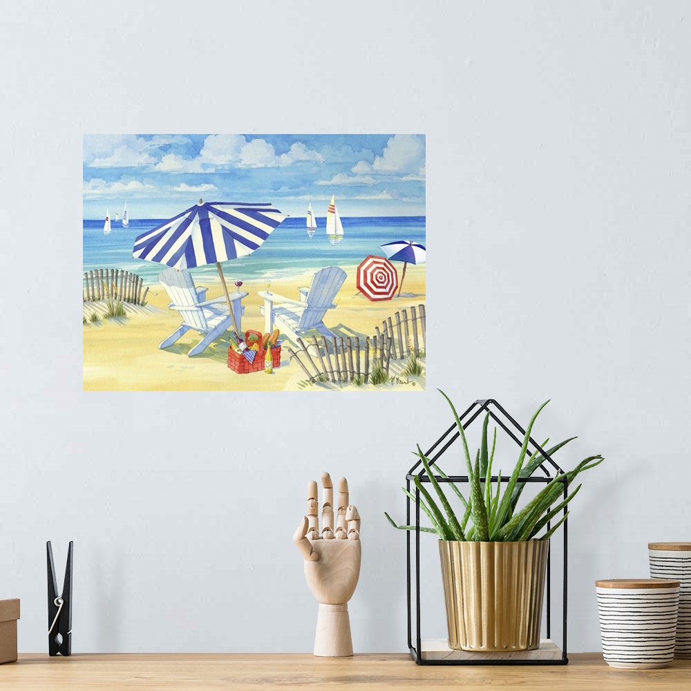 A bohemian room featuring Watercolor painting of a peaceful ocean scene with striped umbrellas and beach chairs in the sand.