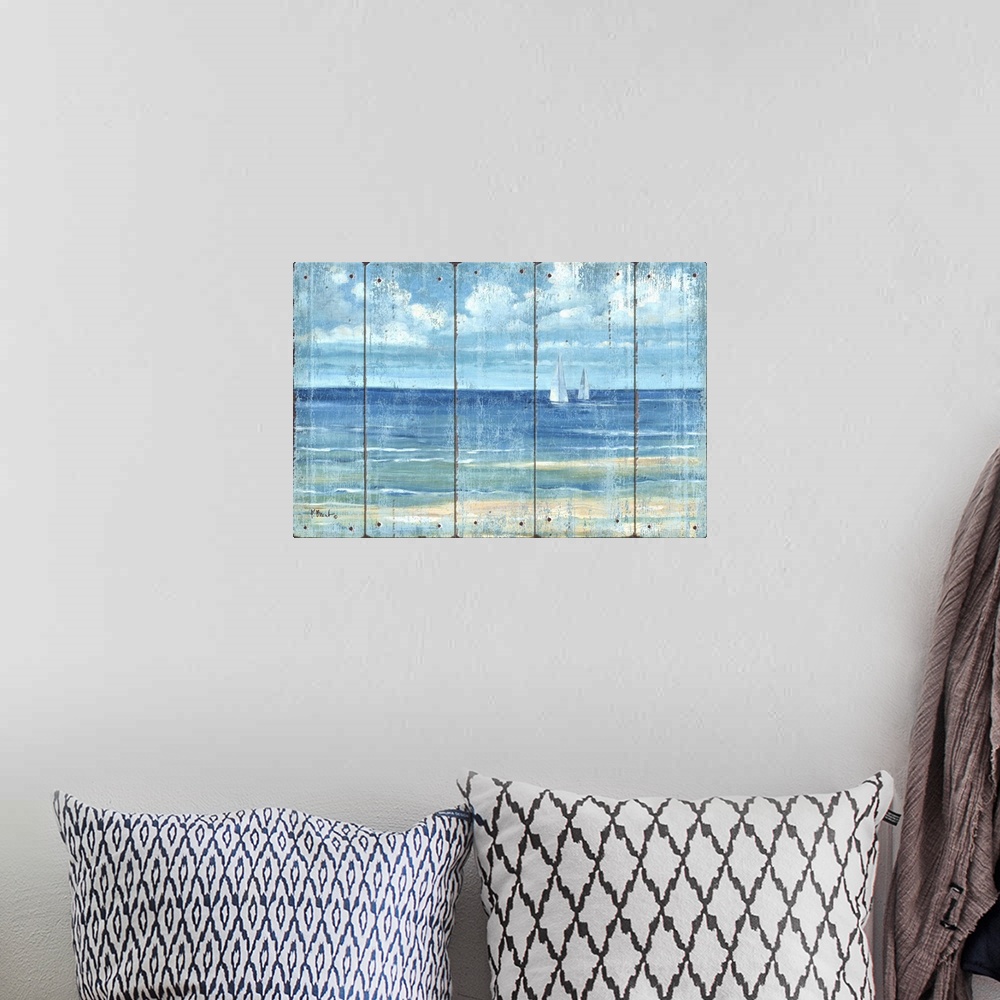 A bohemian room featuring Contemporary artwork of two sailboats in the distance seen across the sea on a textured panel bac...
