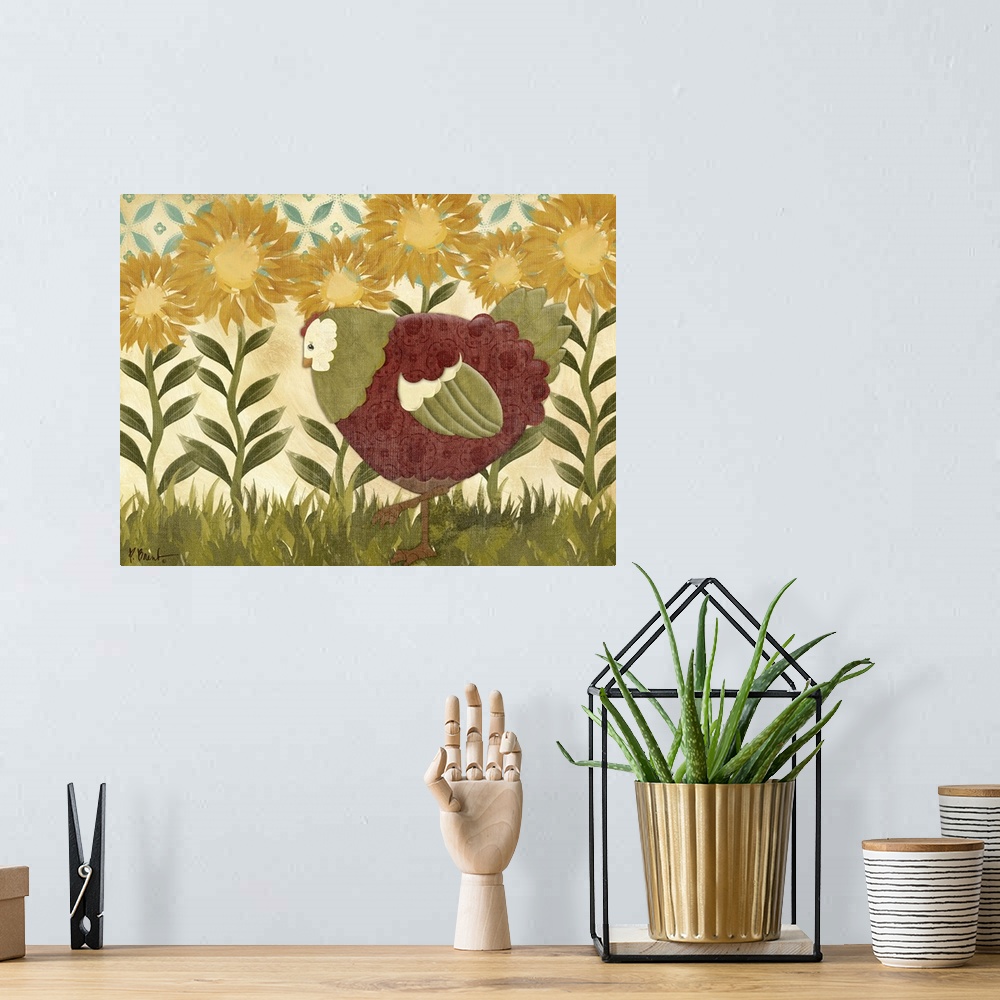 A bohemian room featuring Folk art style illustration of a hen with a row of sunflowers.