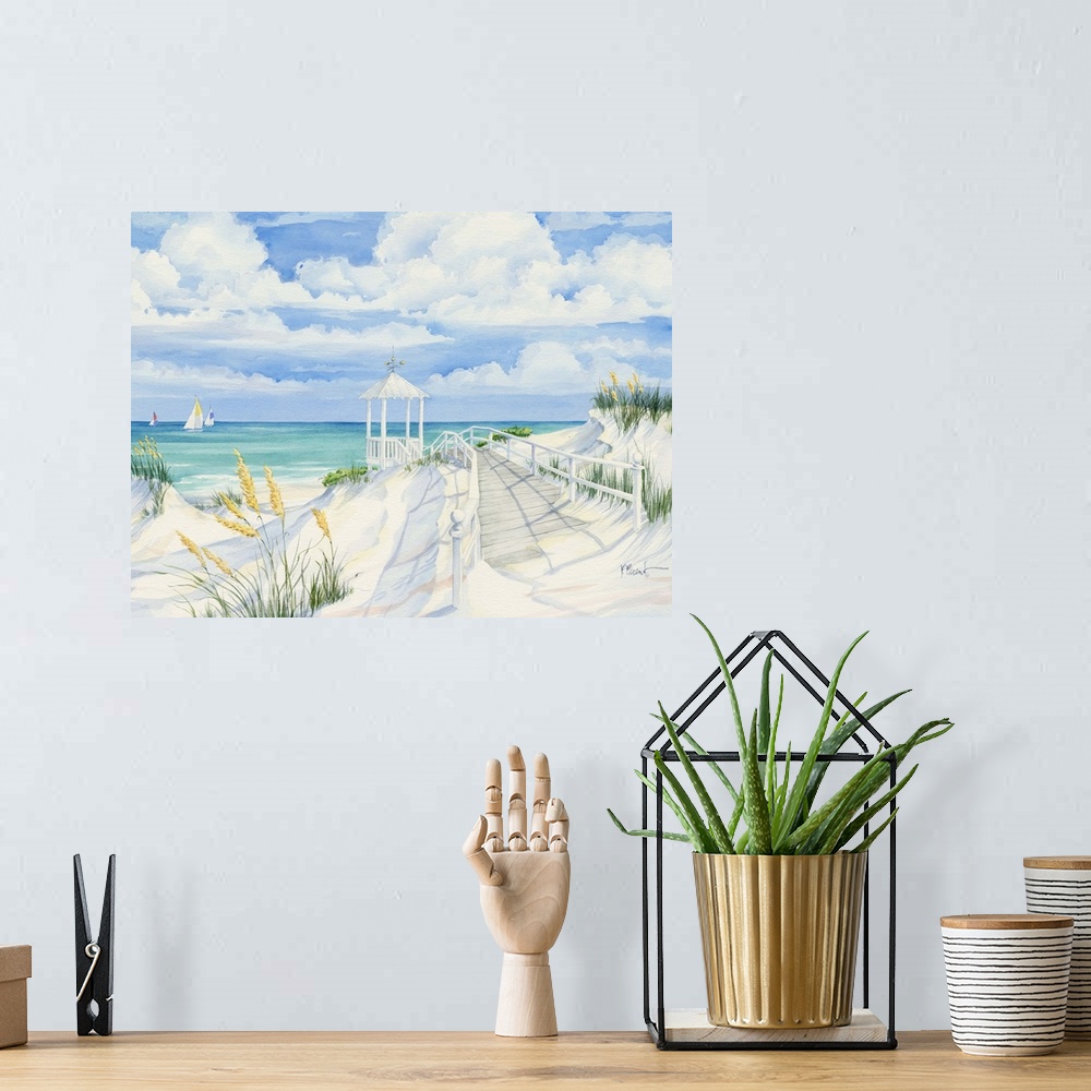 A bohemian room featuring Painting of a sandy beach with dune grass and a jetty.