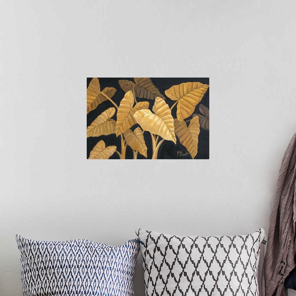 A bohemian room featuring Contemporary painting of several tropical fronds in sepia tones.