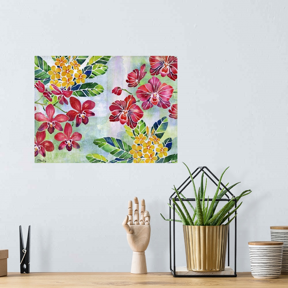 A bohemian room featuring Contemporary painting of red and yellow flowers with green and blue leaves on a faded blue, green...