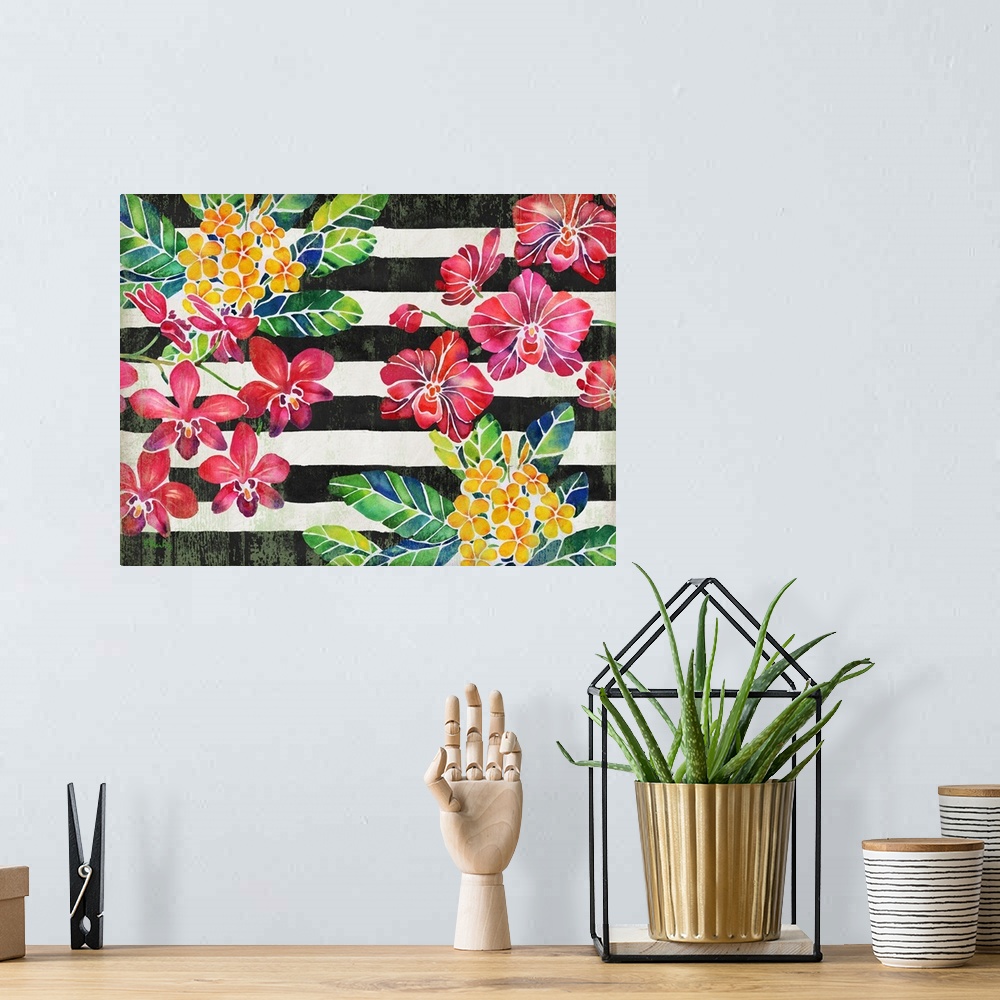 A bohemian room featuring Contemporary painting of red and yellow flowers with green and blue leaves on a black and white s...