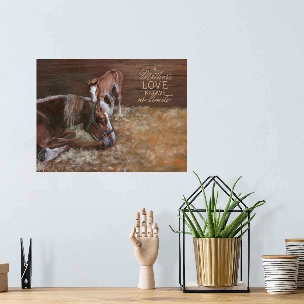 A bohemian room featuring Painting of a mare and her young foal nuzzling in a stable.